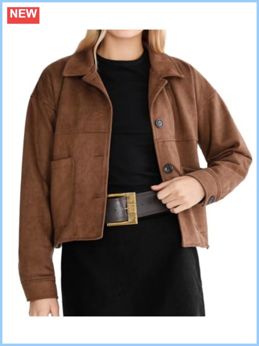 Faux Suede Cropped Jacket Relaxed Fit Button Front Pockets